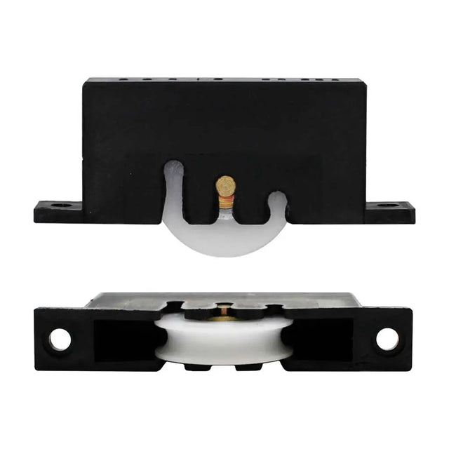 Two black metal pulley systems on a white background