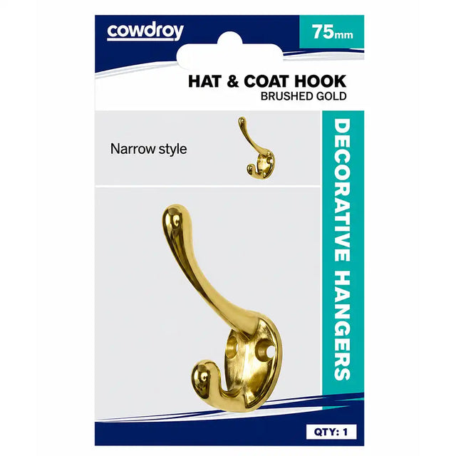 Gold hat and coat hook on Cowdroy packaging with '75mm' and 'Narrow style' text.