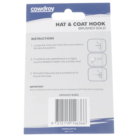 Cowdroy hat and coat hook packaging with instructions and branding.