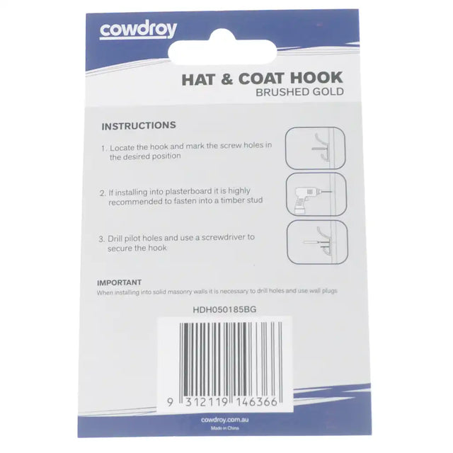 Cowdroy hat and coat hook packaging with instructions and branding.