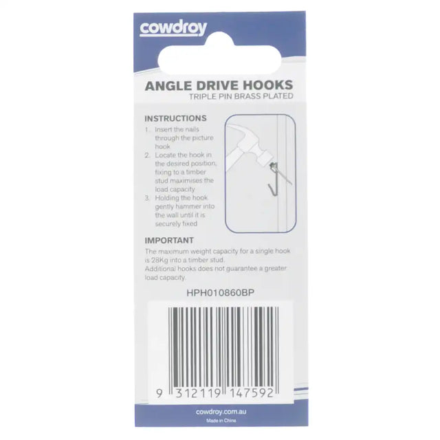 Cowdroy angle drive hooks packaging with instructions and branding.