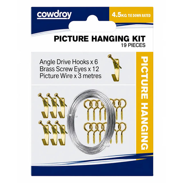 Cowdroy HPH010540BP Picture Hanging Kit 19-piece retail packaging showing 6 angle drive hooks, 12 brass screw eyes and 3m picture wire with 4.5kg tie down rating