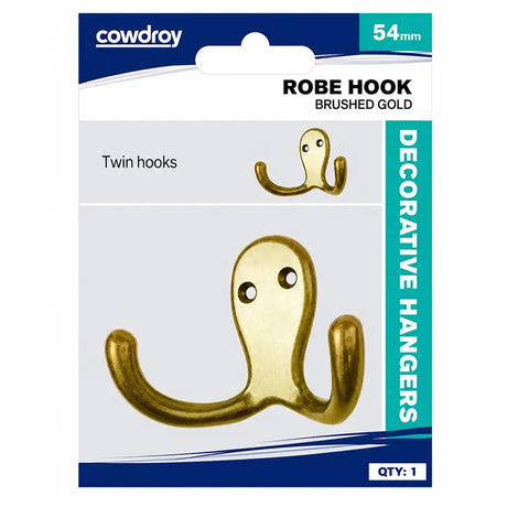 A package of two cowdy brand decorative robe hooks in brushed gold, shown on a retail card with blue and white packaging and a vertical teal strip reading 'DECORATIVE HANGERS'.