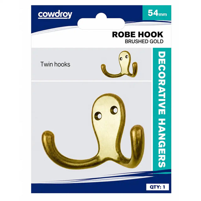 A package of two cowdy brand decorative robe hooks in brushed gold, shown on a retail card with blue and white packaging and a vertical teal strip reading 'DECORATIVE HANGERS'.