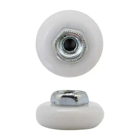 Two white rollers with metal bearings on a white background