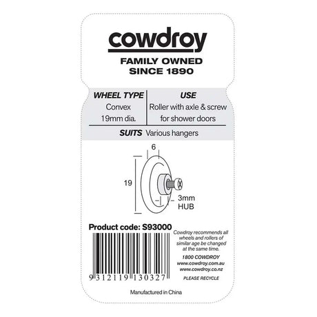 Cowdroy product label with wheel specifications and branding on a white background