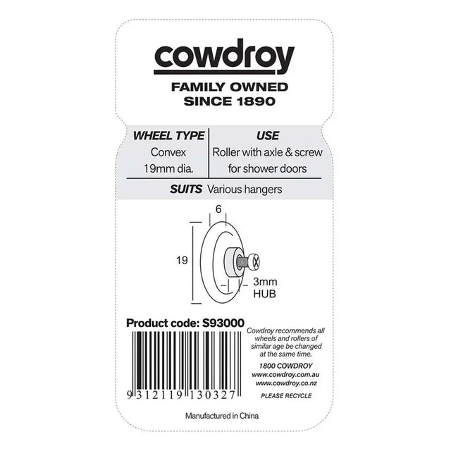 Cowdroy product label with wheel specifications and branding on a white background