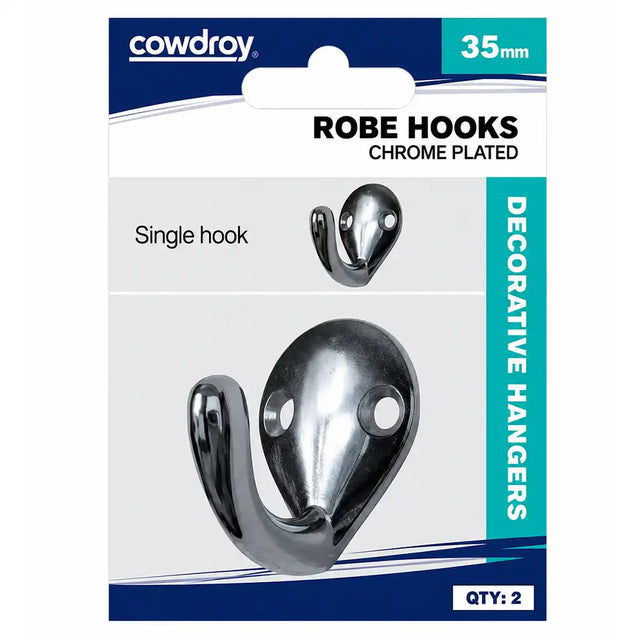 Chrome robe hooks in packaging with Cowdroy branding
