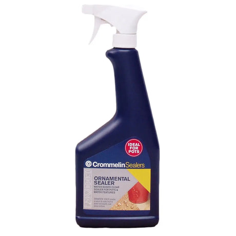 Blue spray bottle of Crommelin Sealers Ornamental Sealer on a white background