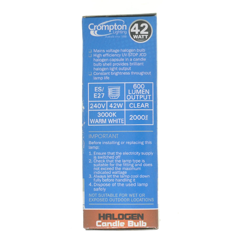 Crompton Candle Halogen Light Bulb E27 240V 42W Clear 27362