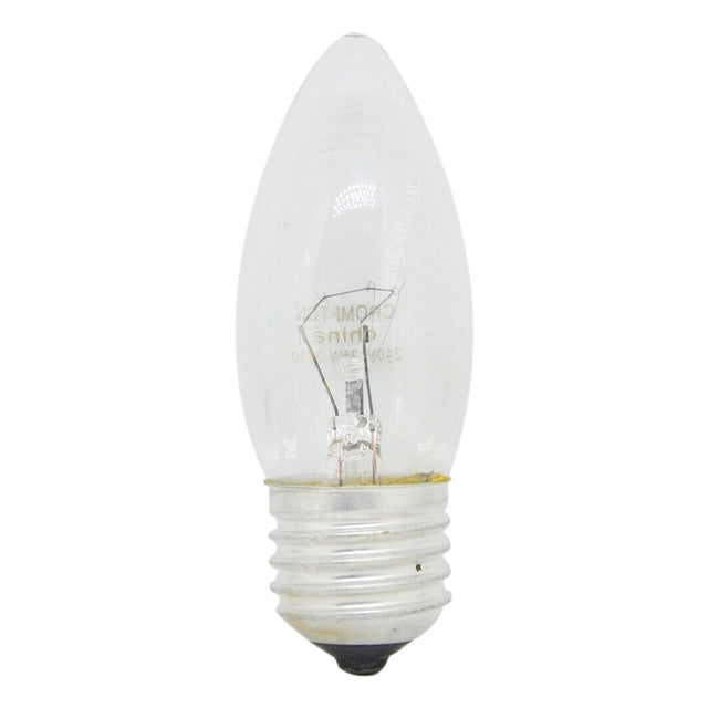 Crompton Candle E27 240V 40W warm white incandescent light bulb showing clear candle-shaped glass, visible filament and Edison screw base on white background