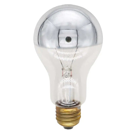 Clear light bulb with metallic top on a white background