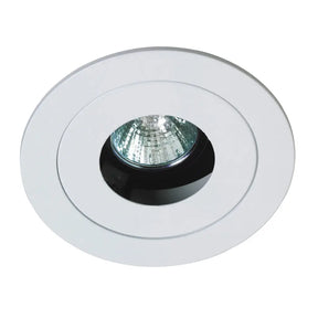 Round recessed ceiling light with white trim on a white background