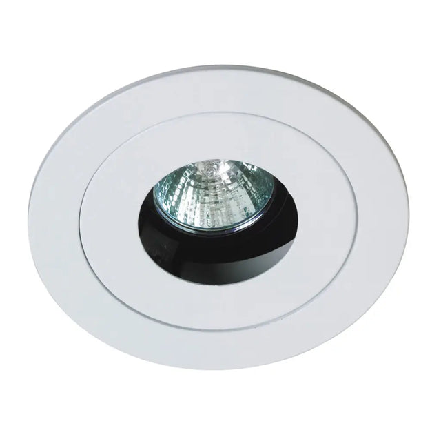 Round recessed ceiling light with white trim on a white background