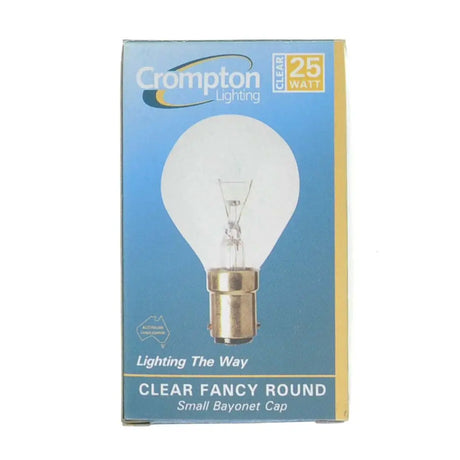 Crompton Lighting clear fancy round bulb packaging on a white background