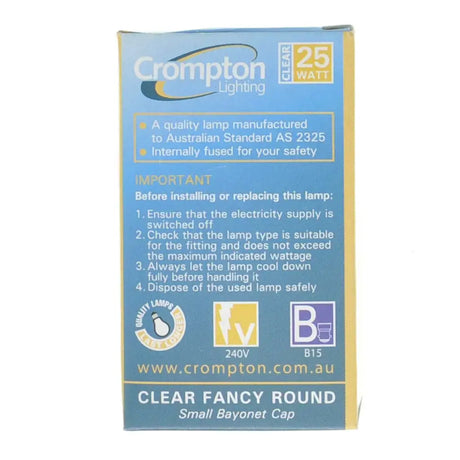 Crompton Lighting lamp packaging with blue and yellow design on a white background