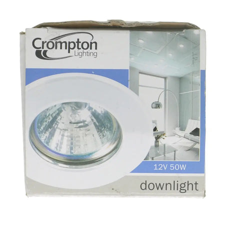 Crompton Lighting downlight packaging with a clear image of the light fixture on a white background
