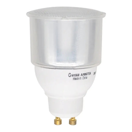 Lightstar GU10 240V 11W cool daylight compact fluorescent energy saving light bulb showing CFL tube design and GU10 twist-and-lock base on white background