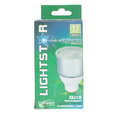 Lightstar GU10 CFL energy saving bulb side profile showing compact fluorescent tube configuration on white background