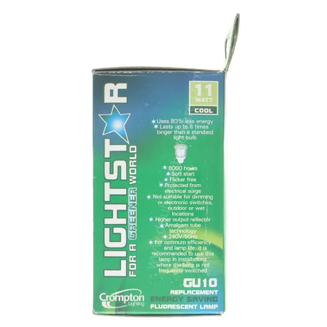 Lightstar GU10 11W CFL packaging front showing cool daylight 5000K specifications, Energy Rating A and Lightstar branding