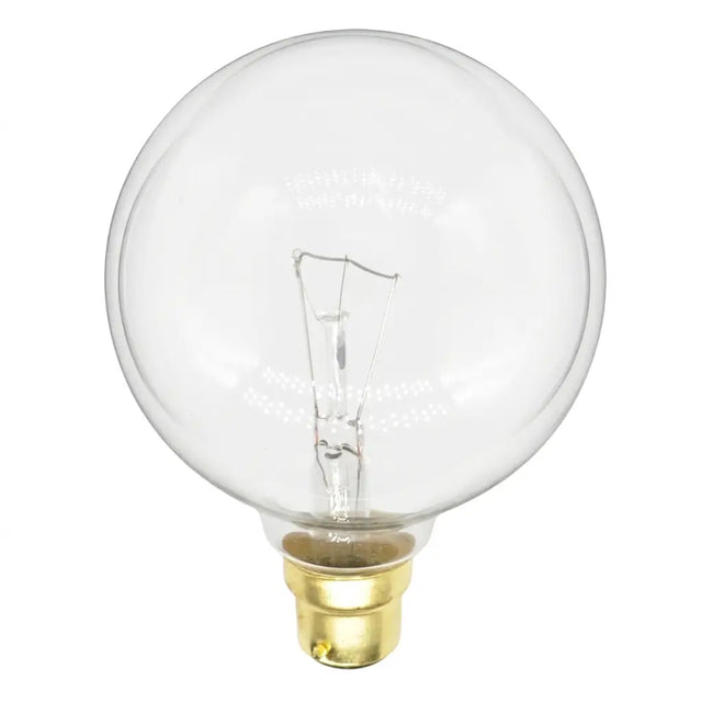 Clear light bulb with gold base on a white background