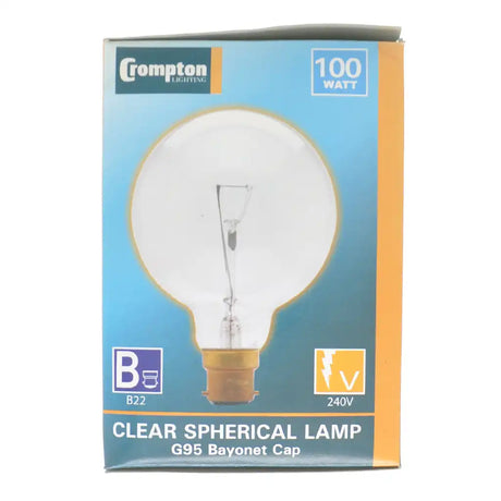 Crompton clear spherical lamp packaging on a white background