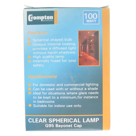 Crompton Lighting clear spherical lamp packaging with features and applications listed.