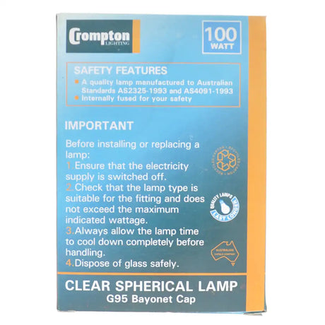 Crompton Lighting clear spherical lamp packaging with safety features and installation instructions.