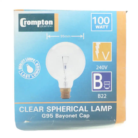 Crompton Lighting clear spherical lamp packaging with bulb illustration on a blue background