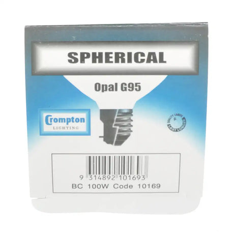Crompton Lighting spherical opal G95 light bulb packaging on a white background