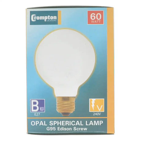 Crompton Lighting opal spherical lamp packaging on a white background