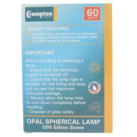 Crompton opal spherical lamp packaging with safety features and installation instructions.