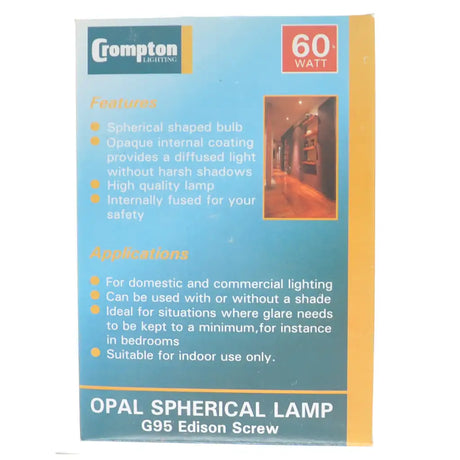 Crompton opal spherical lamp packaging with features and applications listed.