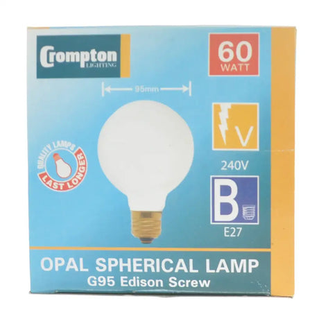 Crompton Lighting opal spherical lamp packaging with bulb illustration and specifications.