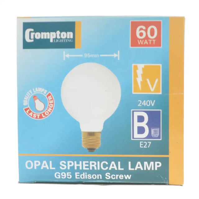 Crompton Lighting opal spherical lamp packaging with bulb illustration and specifications.