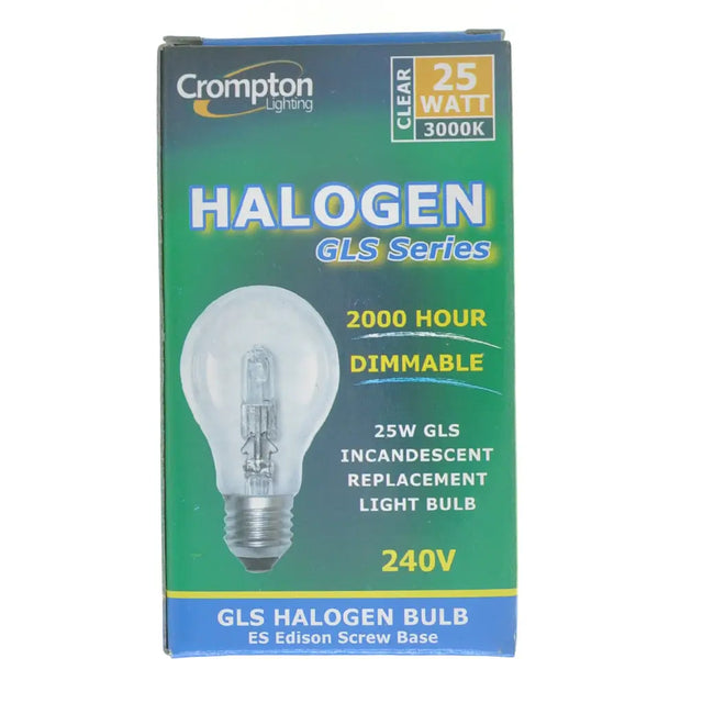 Crompton Halogen GLS Series light bulb packaging on a white background