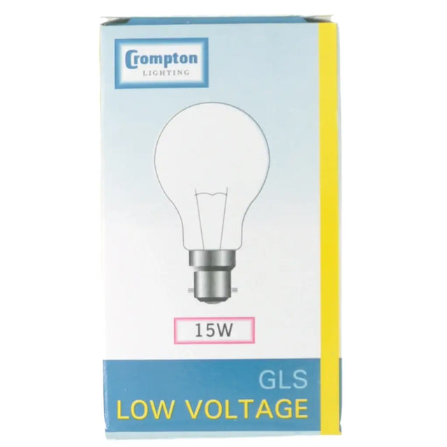 Crompton Lighting GLS low voltage 12V light bulb packaging on a white background
