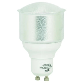 Crompton GU10 240V 11W warm white CFL energy saving light bulb showing compact fluorescent tube design and GU10 twist-and-lock base on white background