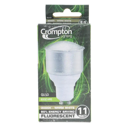Crompton GU10 CFL energy saving bulb side profile showing compact fluorescent tube configuration on white background