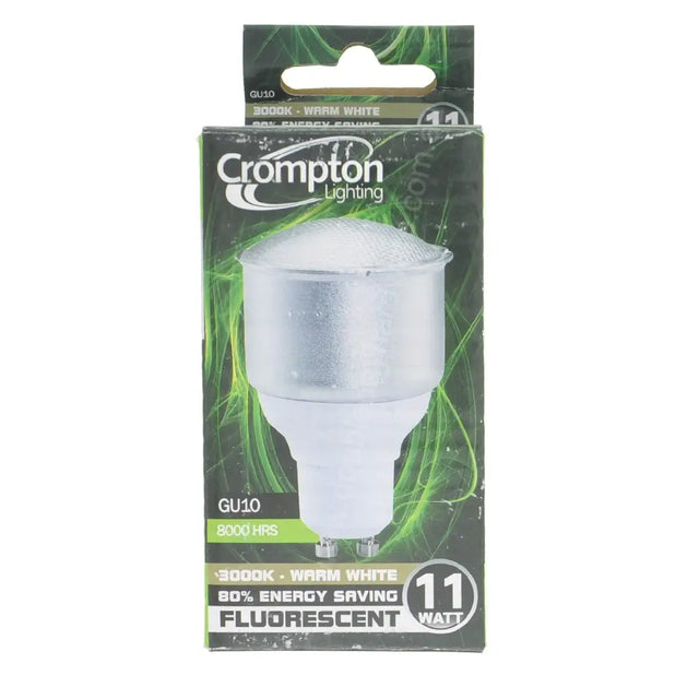Crompton GU10 CFL energy saving bulb side profile showing compact fluorescent tube configuration on white background