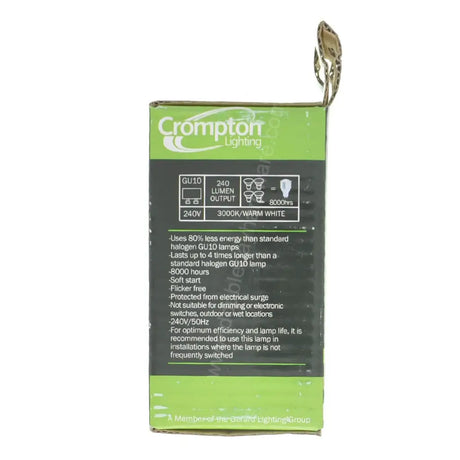 Crompton GU10 11W warm white CFL packaging front showing 3000K warm white specifications, Energy Rating A and Crompton branding