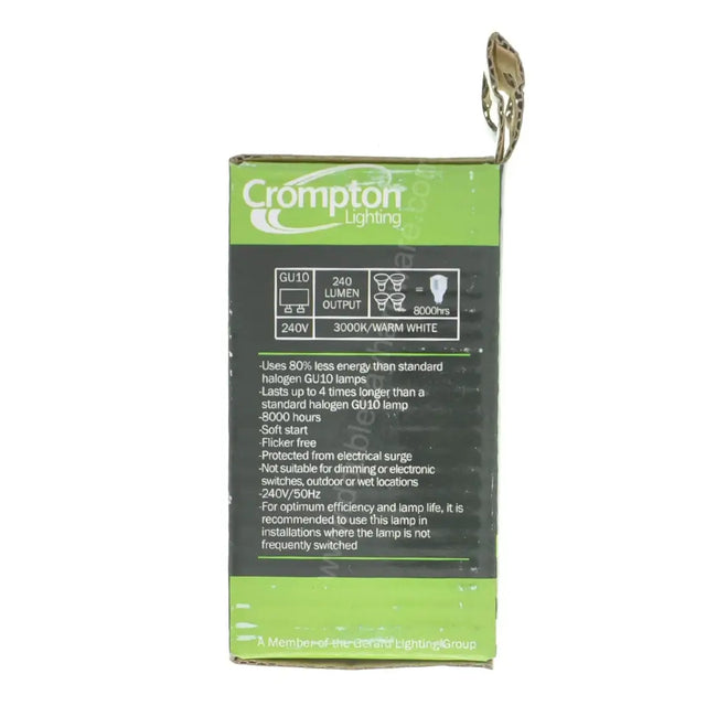 Crompton GU10 11W warm white CFL packaging front showing 3000K warm white specifications, Energy Rating A and Crompton branding