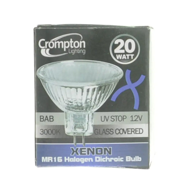 Crompton Lighting xenon halogen dichroic bulb packaging on a white background