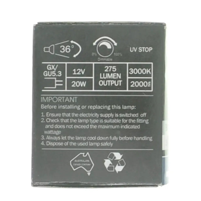 Technical specifications label on a lamp packaging with various icons and text.