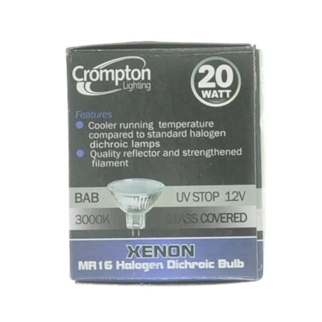 Crompton Lighting xenon halogen dichroic bulb packaging on a white background