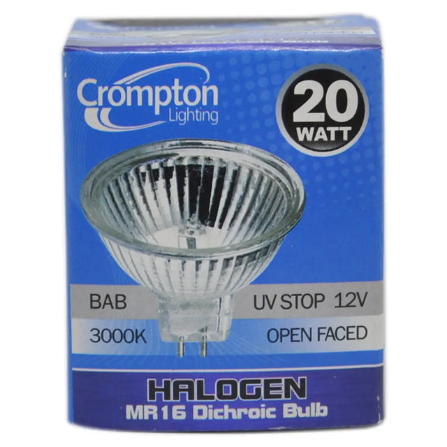 Crompton Lighting halogen MR16 dichroic bulb packaging on a white background