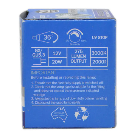 Blue packaging box with technical specifications and safety instructions for a light bulb on a white background