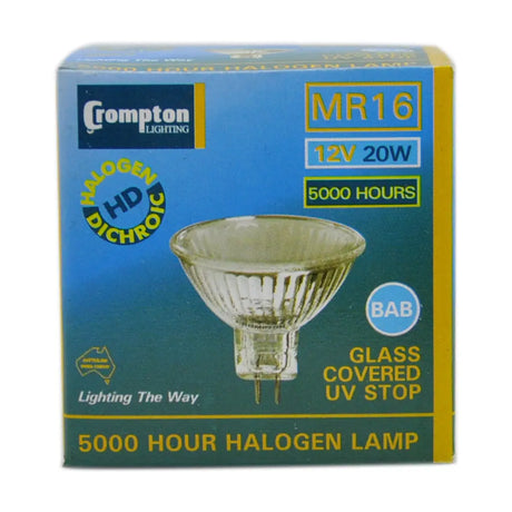 Crompton Lighting MR16 halogen lamp packaging on a white background
