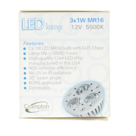 Crompton LED lamp packaging with specifications on a white background