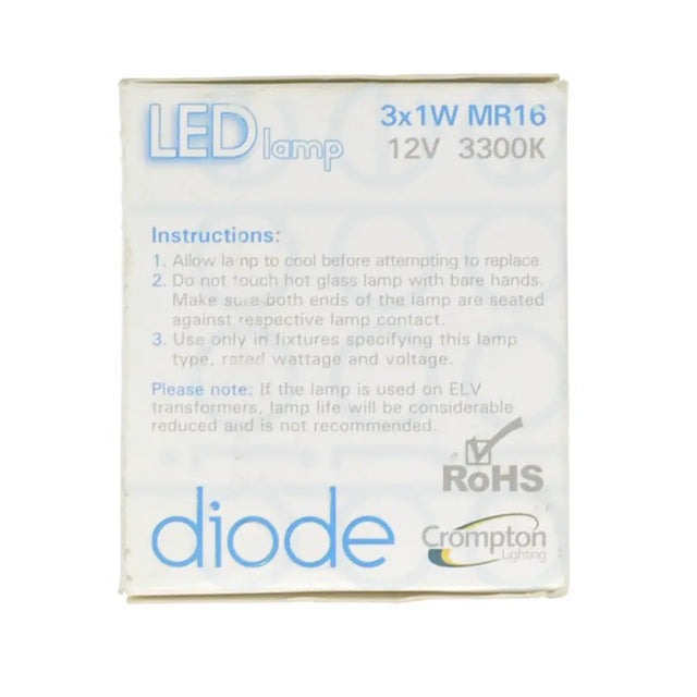 Box of LED lamp with specifications and instructions on a white background